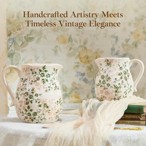 Teweiqi Ceramic Green and White Floral Vase with Handle, Rustic Farmhouse Pitcher Flower Vase, Chinoiserie Floral Vase for Home Decor, Living Room, Shelf, Office, Rustic Table Centerpiece 8 Inch - Image 5