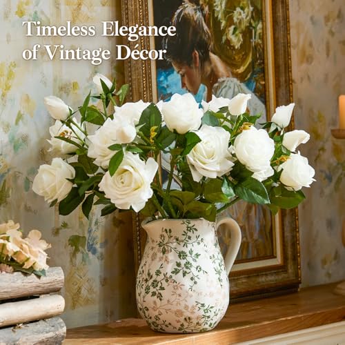 Teweiqi Ceramic Green and White Floral Vase with Handle, Rustic Farmhouse Pitcher Flower Vase, Chinoiserie Floral Vase for Home Decor, Living Room, Shelf, Office, Rustic Table Centerpiece 8 Inch - Image 4