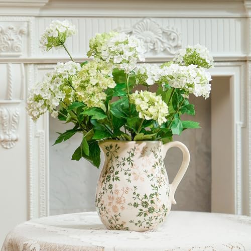 Teweiqi Ceramic Green and White Floral Vase with Handle, Rustic Farmhouse Pitcher Flower Vase, Chinoiserie Floral Vase for Home Decor, Living Room, Shelf, Office, Rustic Table Centerpiece 8 Inch - Image 1