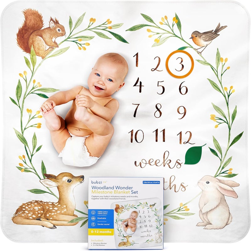 Bubzi Co Baby Monthly Milestone Blanket Soft Woodland Photo Blanket for Baby Boy  Baby Girl Nursery Bed Blanket Newborn Essentials Baby Registry Must Haves - Image 1