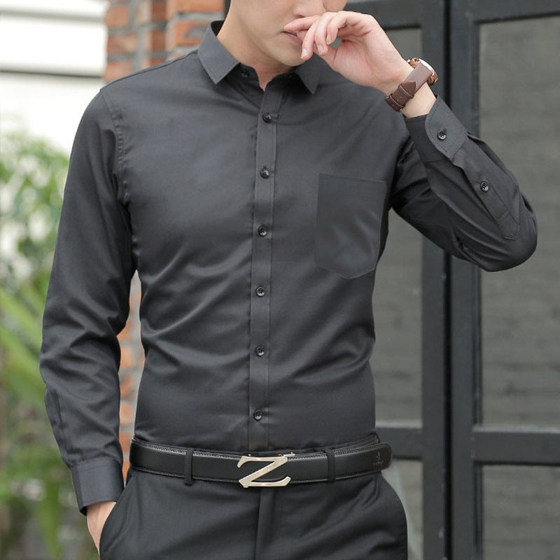 Autumn White Shirt Mens Long-sleeved Shirt Business Casual Loose Dress Solid Color Workwear Professional Work Clothes Black Shirt Light blue  - Image 2
