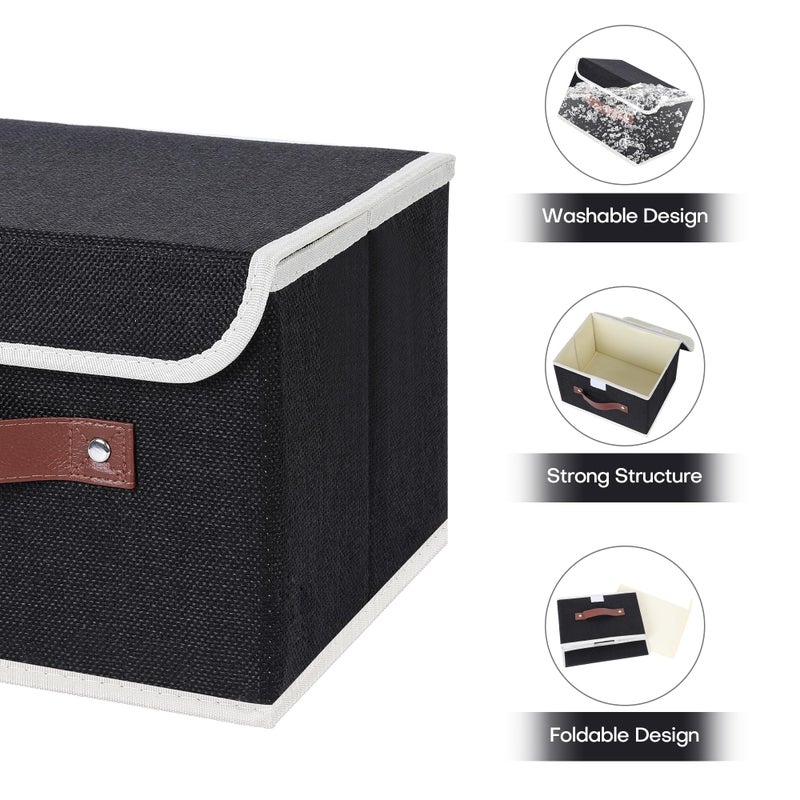 Anminy 2Pcs Storage Bins With Lid Pu Leather Handles Storage Boxes Pp Plastic Board Decorative Foldable Lidded Cotton Linen Fabric Home Cubes Baskets Closet Organizer Containers - Black  Small Size - Image 4