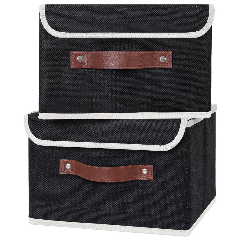 Anminy 2Pcs Storage Bins With Lid Pu Leather Handles Storage Boxes Pp Plastic Board Decorative Foldable Lidded Cotton Linen Fabric Home Cubes Baskets Closet Organizer Containers - Black  Small Size - Image 1