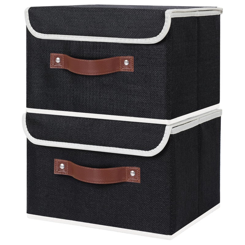 Anminy 2Pcs Storage Bins With Lid Pu Leather Handles Storage Boxes Pp Plastic Board Decorative Foldable Lidded Cotton Linen Fabric Home Cubes Baskets Closet Organizer Containers - Black  Small Size - Image 2
