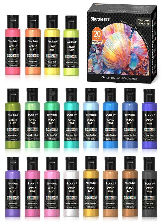 Shuttle Art Color Change Acrylic Paint, 20 Chameleon Colors Acrylic Paint, 60ml/2oz Bottles, Iridescent Paint for Artists, Beginners, Kids Painting & Crafting on Canvas, Rocks, Wood, Fabric, Ceramic - Image 1