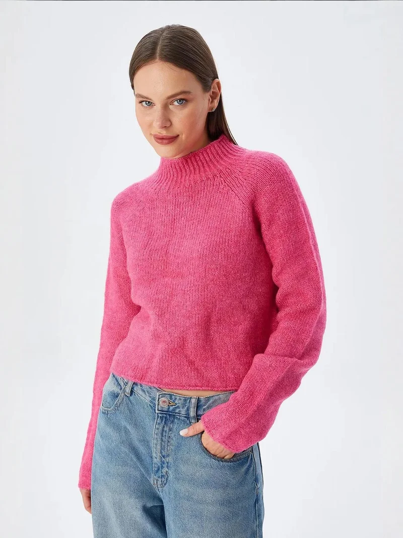 Mixray Neon Pink MIXRAY Women's Cropped Textured Knit Sweater for Women | Best Price UAE