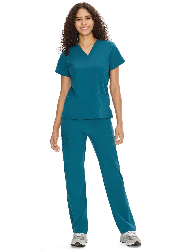 COZYFIT Scrubs for Women Set Medical Uniform - V-Neck Top & Straight Leg Pants with 9 Pockets, Unisex Workwear COZY SCRUBS, Caribbean Blue, M, Petite - Image 1