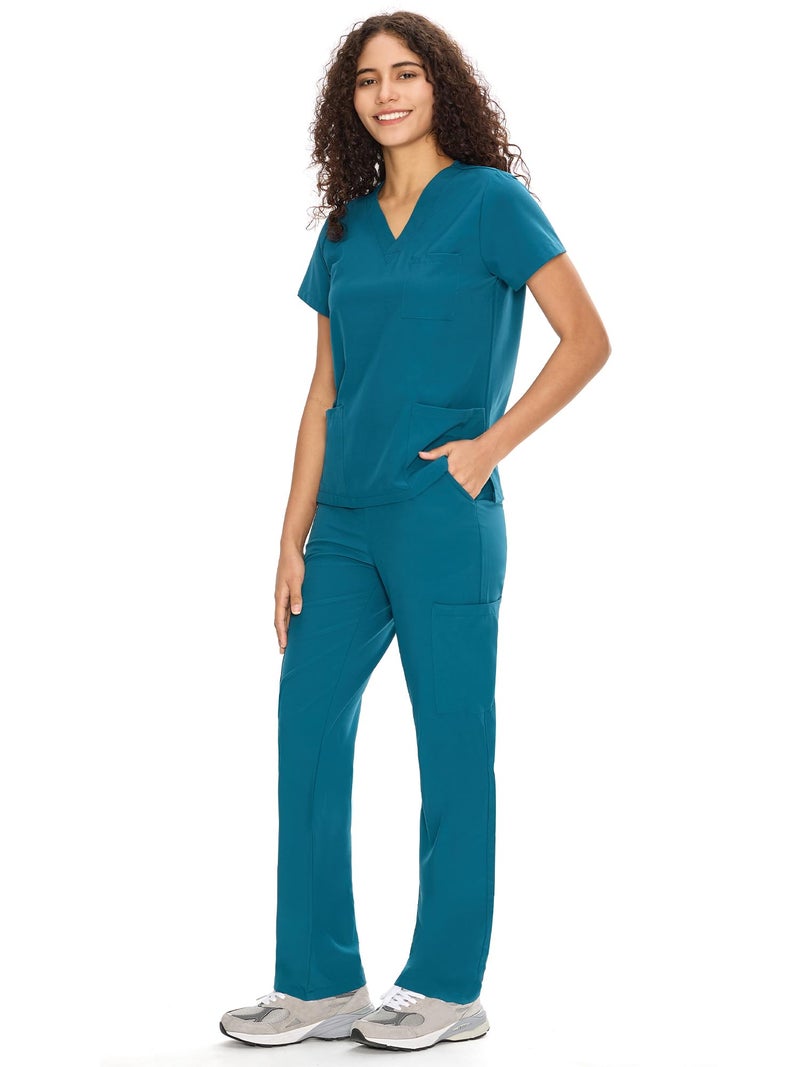 COZYFIT Scrubs for Women Set Medical Uniform - V-Neck Top & Straight Leg Pants with 9 Pockets, Unisex Workwear COZY SCRUBS, Caribbean Blue, M, Petite - Image 3
