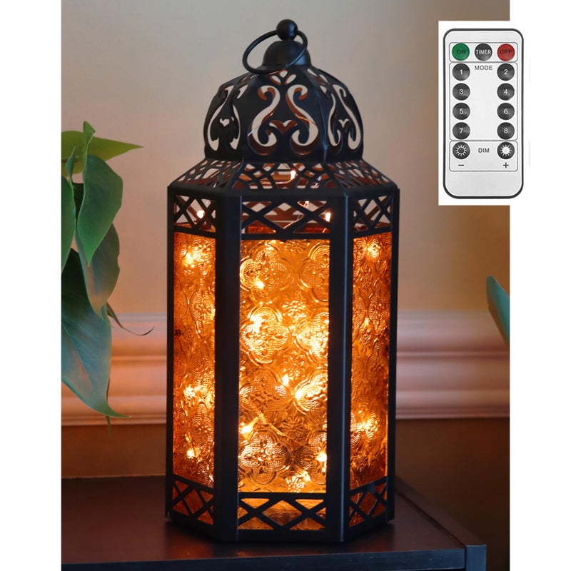 Vela Lanterns 12 Black Metal Moroccan Decorative LED Fairy Lights Candle Lantern Holders for Hanging or Table Indoor Home Decor Halloween Outdoor Patio or Porch Weddings Amber Glass Large