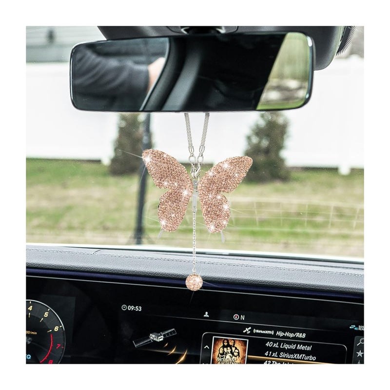 zipelo Bling Butterfly Diamond Car Accessories  Crystal Car Rear View Mirror Charms for Women  Car Decoration Lucky Gifts Hanging Interior Crystal Ornament Pendant Decor for All Cars (Peach Color) - Image 1