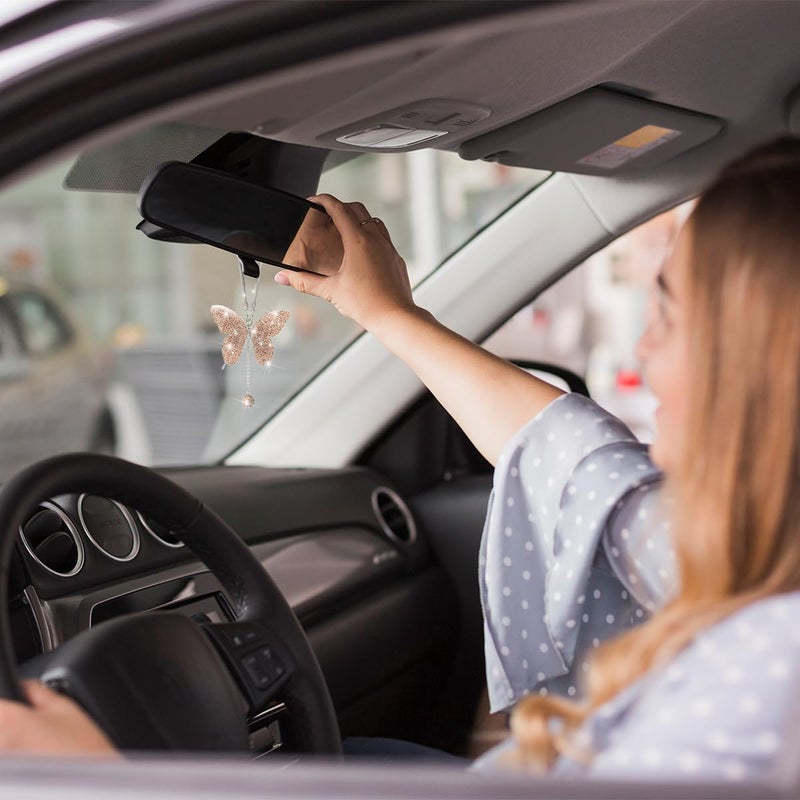 zipelo Bling Butterfly Diamond Car Accessories  Crystal Car Rear View Mirror Charms for Women  Car Decoration Lucky Gifts Hanging Interior Crystal Ornament Pendant Decor for All Cars (Peach Color) - Image 3