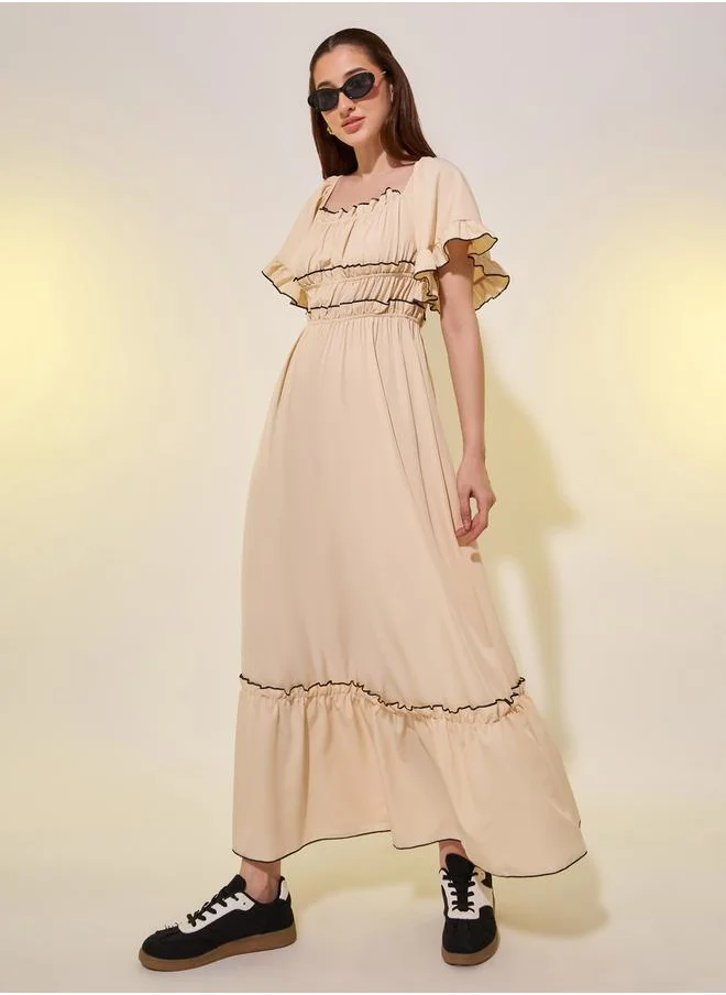 Styli Contrast Stich Detail Flared Sleeves A-Line Maxi Dress