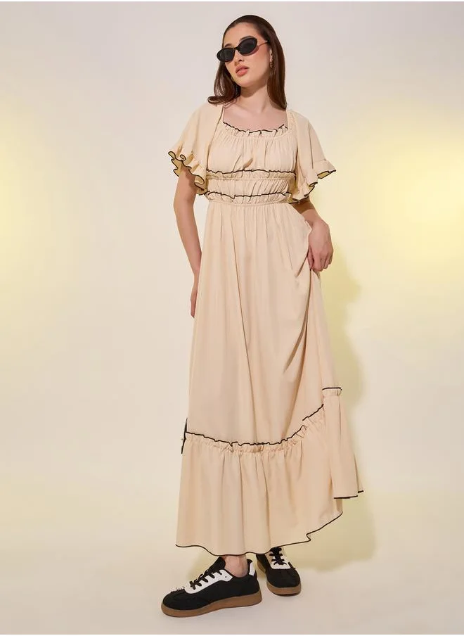 Styli Contrast Stich Detail Flared Sleeves A-Line Maxi Dress