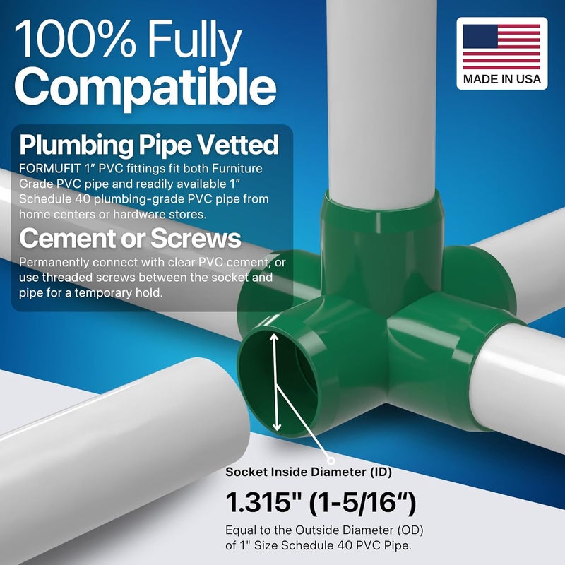 FORMUFIT 1" 5-Way Cross Furniture Grade PVC Fitting in Green, Made in USA, UV-Resistant, Impact-Proof, 1.315” Actual Socket Diameter (Pack of 4) - F0015WC-GR-4 - Image 5