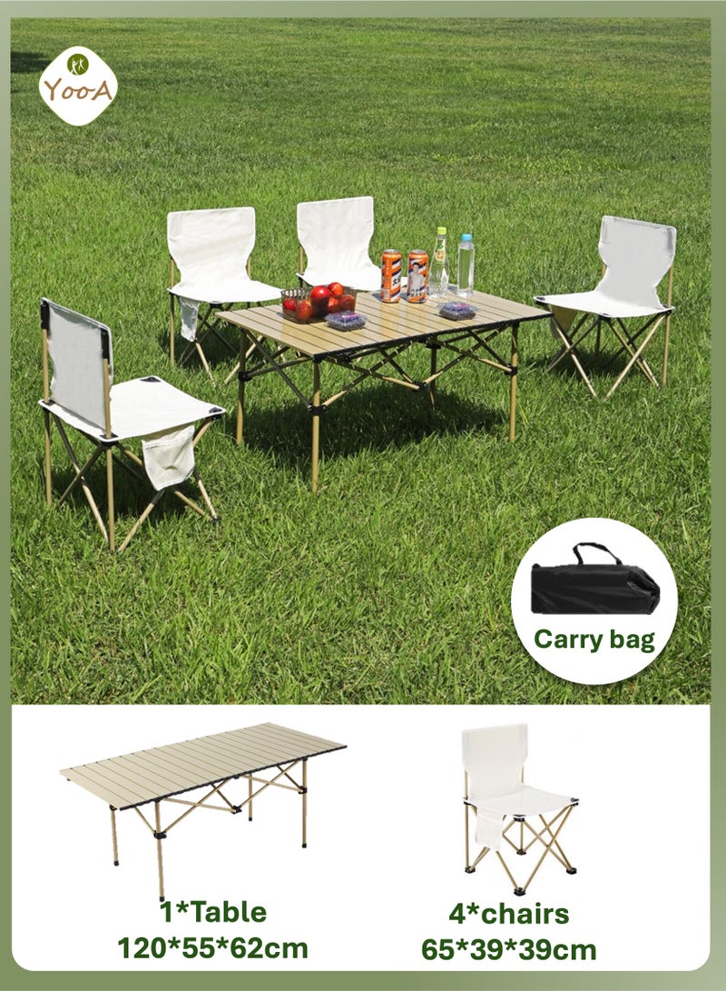 YooA 5-pc Folding Table and Chairs Set, Portable Picnic Long Table with 4 Chairs, Camping Table with Easy Carrying Bag for Outdoor Camping Picnic BBQ, Party and Dining (1*1.2m Long Table, 4*Chairs) - Image 1