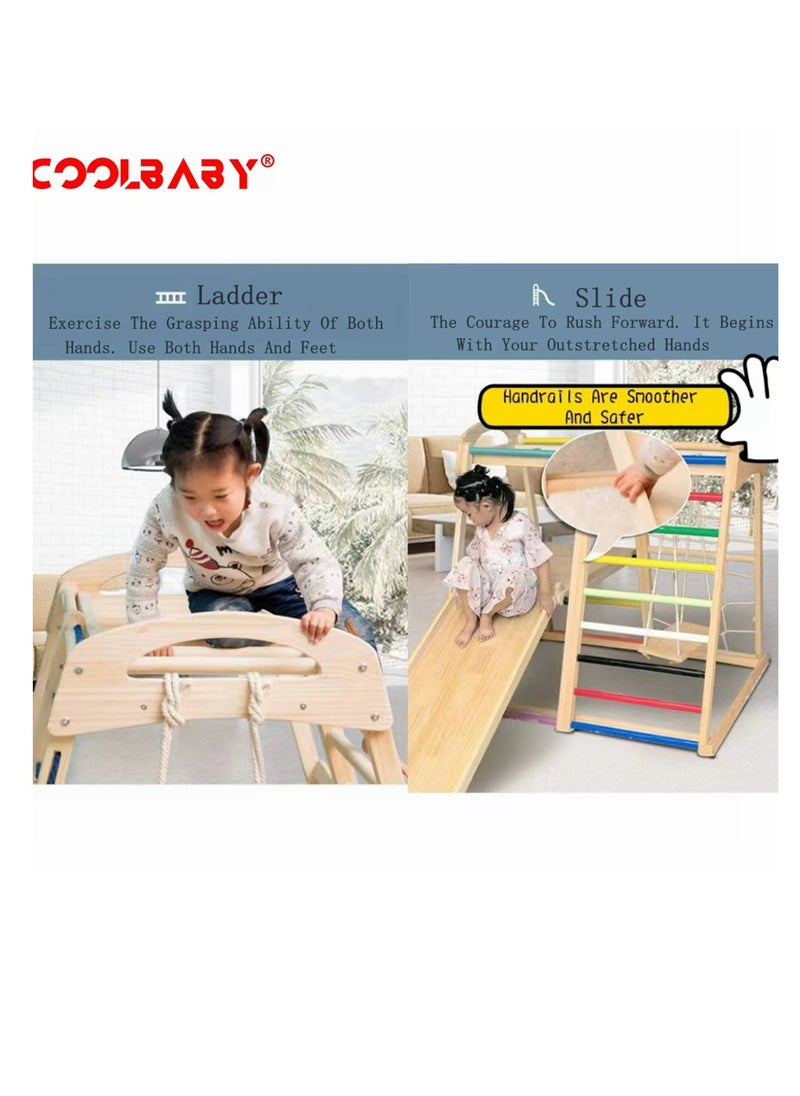 كول بيبي - إطار تسلق للأطفال من الخشب الصلب 6 في 1 من COOLBABY. ملعب رياضي داخلي للأطفال الصغار والأطفال. مزيج الصخور تسلق الشرائح سوينغ. لوح منزلق على الوجهين (التسلق / الانزلاق) - Image 1