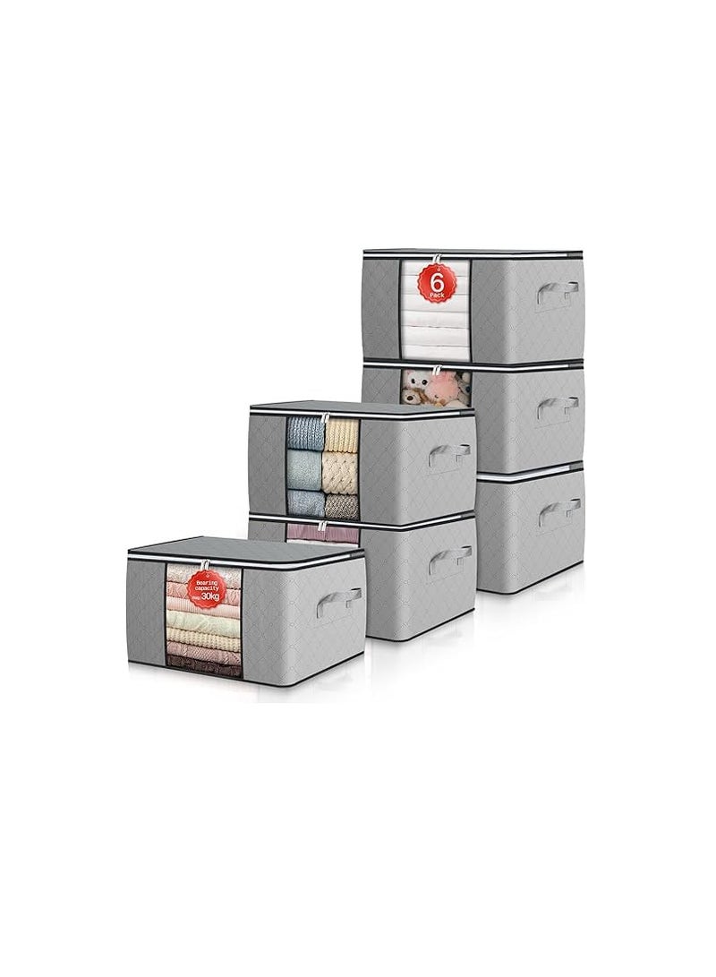 Premium 6-Pack Large Foldable Storage Bins - Heavy-Duty Linen Fabric Clothes Organizer - Durable High-Density Thick Fabric Storage Box for Blankets, Comforters & Seasonal Items with Zipper & Reinforced Handles (Sleek Modern Quilted Grey Profile, 6 Pack) - Manual Textile Preservation Sorting Convenience & Wardrobe Facility Asset Management Template