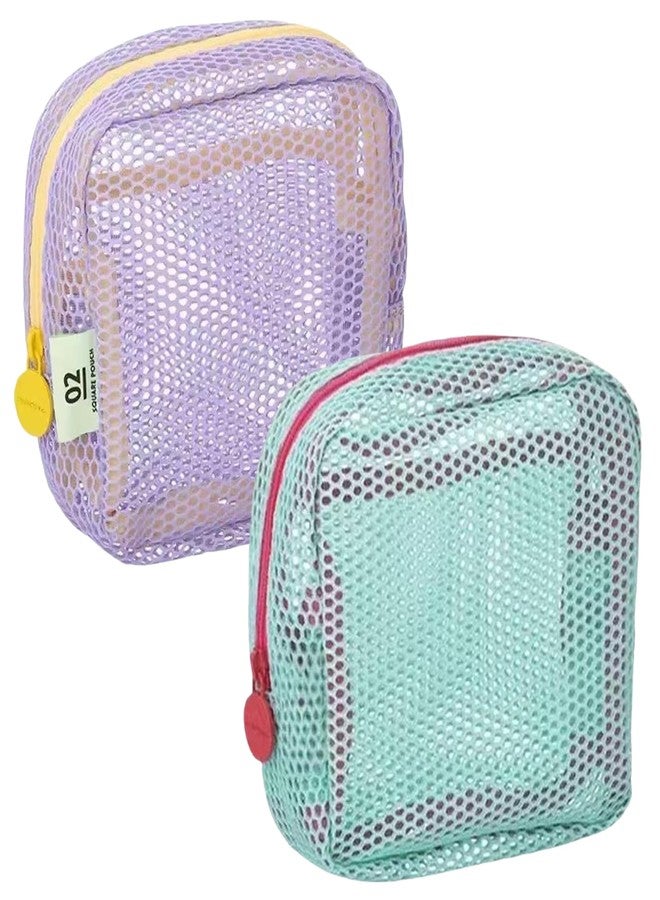 Keeshibao Mesh Makeup Bag, Mesh Cosmetic Bags Beach Bag, Travel Toiletry Pouch, Mini Cute Makeup Cosmetic Travel Toiletry Purse Bag for Traveling (Green and Purple) - Image 1