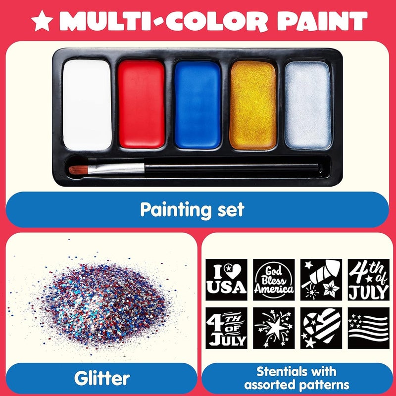 JOYIN 5 Colors Patriotic Face Body Paint Kit with Glitter and 16 Pcs Stencils Sticker for Kids, 4th of July Face Paint Red White Blue Make Up for Independence Day, Memorial Day Party, Veterans Day - Image 2