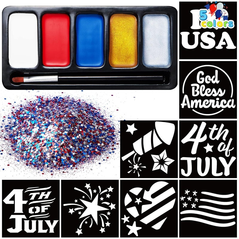 JOYIN 5 Colors Patriotic Face Body Paint Kit with Glitter and 16 Pcs Stencils Sticker for Kids, 4th of July Face Paint Red White Blue Make Up for Independence Day, Memorial Day Party, Veterans Day - Image 1