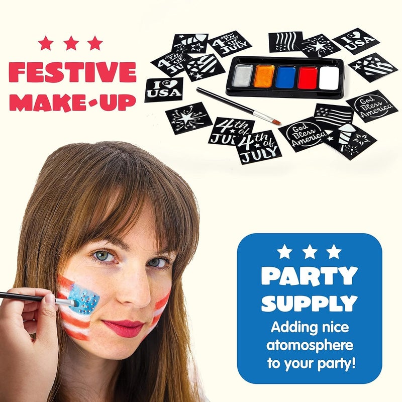 JOYIN 5 Colors Patriotic Face Body Paint Kit with Glitter and 16 Pcs Stencils Sticker for Kids, 4th of July Face Paint Red White Blue Make Up for Independence Day, Memorial Day Party, Veterans Day - Image 5