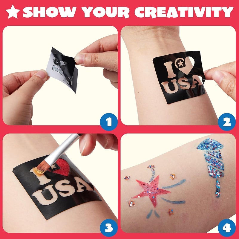 JOYIN 5 Colors Patriotic Face Body Paint Kit with Glitter and 16 Pcs Stencils Sticker for Kids, 4th of July Face Paint Red White Blue Make Up for Independence Day, Memorial Day Party, Veterans Day - Image 4