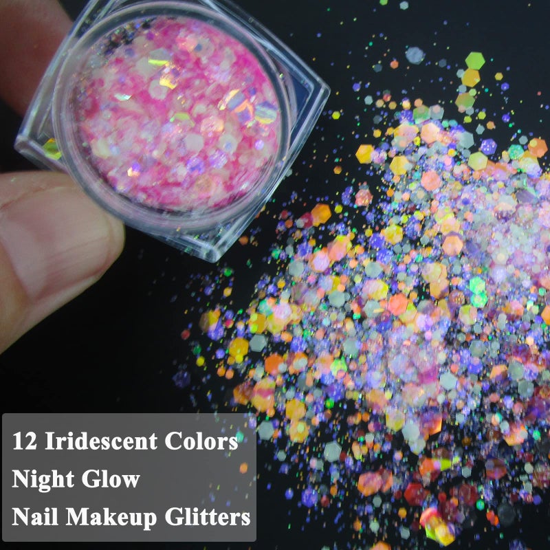 LuckForever 12 Colors Night Glow Chunky Glitters Flakes Luminous Neon Powder Glitter Sequins for Acrylic Nails/Crafts/Resin/Makeup/Festival - Image 2