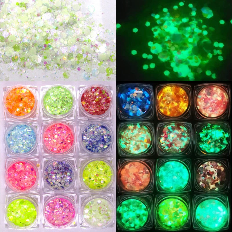 LuckForever 12 Colors Night Glow Chunky Glitters Flakes Luminous Neon Powder Glitter Sequins for Acrylic Nails/Crafts/Resin/Makeup/Festival - Image 1