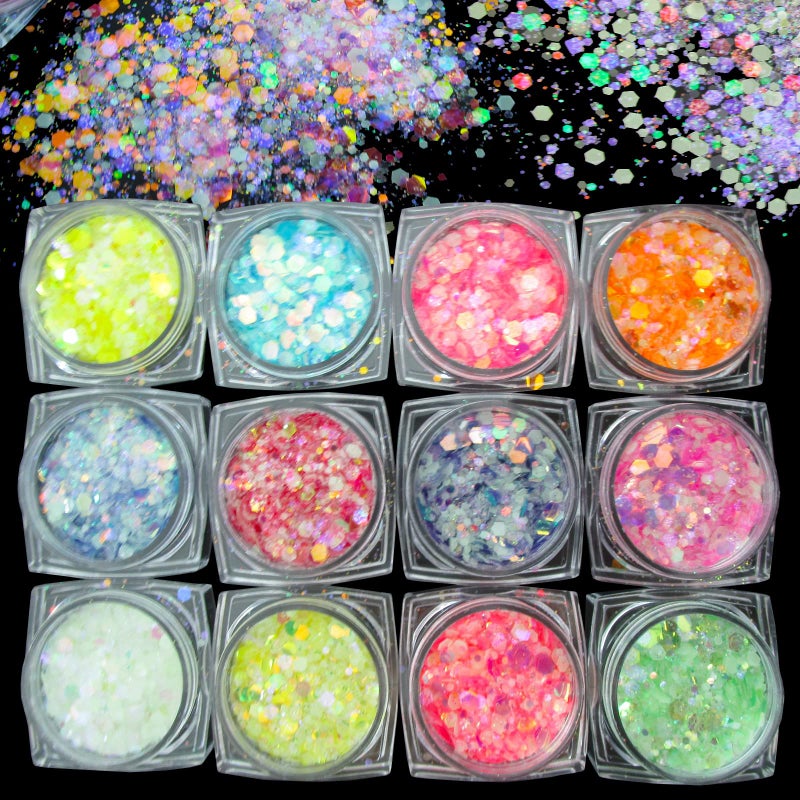 LuckForever 12 Colors Night Glow Chunky Glitters Flakes Luminous Neon Powder Glitter Sequins for Acrylic Nails/Crafts/Resin/Makeup/Festival - Image 3