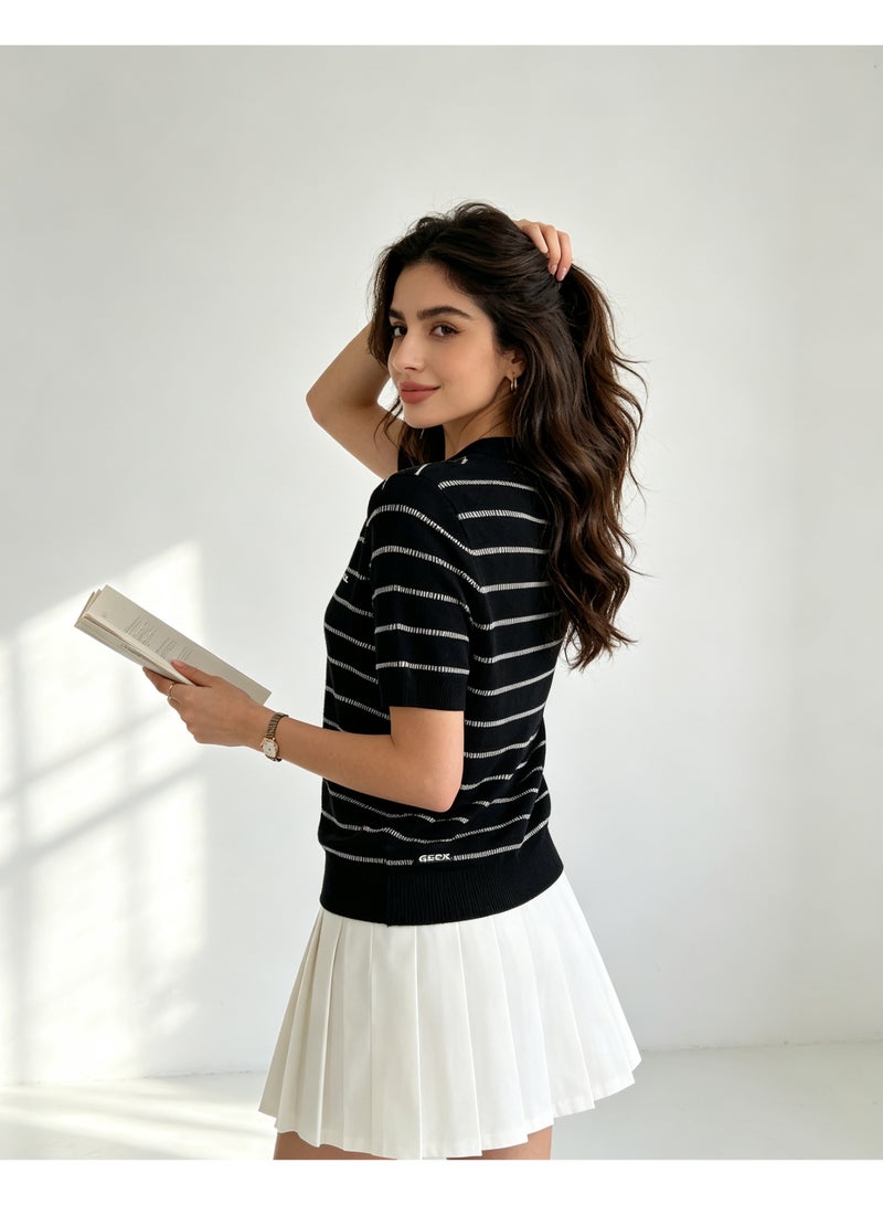 GEOX Unisex Short Sleeve Striped Knit T‑Shirt Crew Neck Casual Summer Daily Wear Black - Image 3