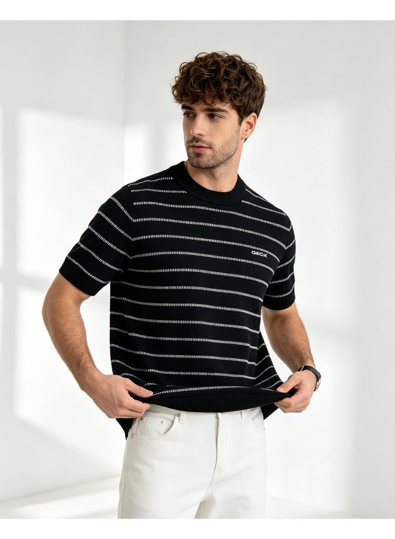 GEOX Unisex Short Sleeve Striped Knit T‑Shirt Crew Neck Casual Summer Daily Wear Black - Image 2