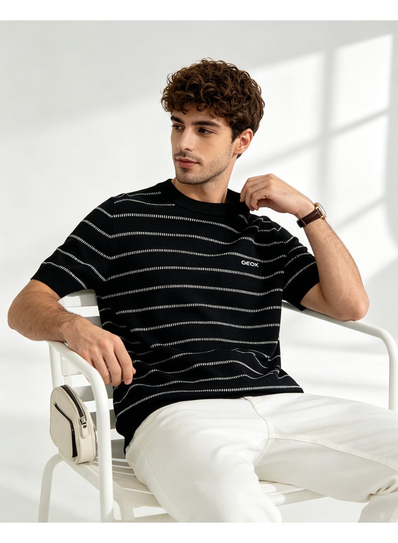 GEOX Unisex Short Sleeve Striped Knit T‑Shirt Crew Neck Casual Summer Daily Wear Black - Image 1
