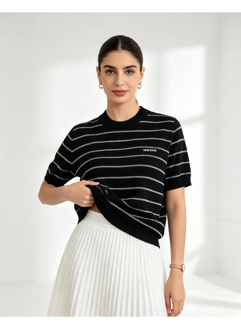 GEOX Unisex Short Sleeve Striped Knit T‑Shirt Crew Neck Casual Summer Daily Wear Black - Image 5