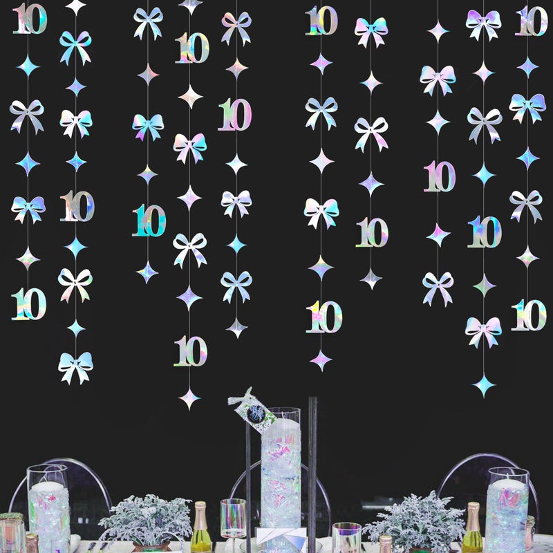 pinkblume Iridescent 10th Bow Birthday Decorations Glitter Conquette Bow Garland Streamer Banner Backdrop for Girls Boys Happy 10th Birthday Double Digits Cheers to 10 Years Old Anniversary Party Supplies - Image 1