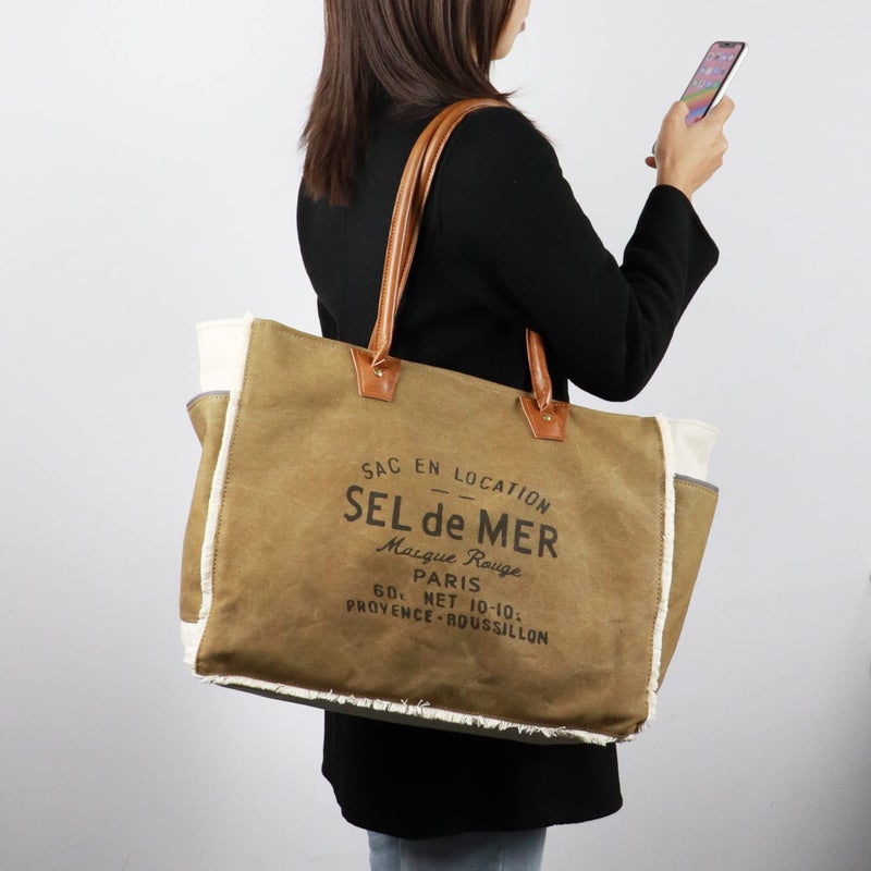 Lamyba Sel De Mer Canvas HandBag Upcycled Canvas Vegan Leather Tote Bag,Small Brown - Image 2