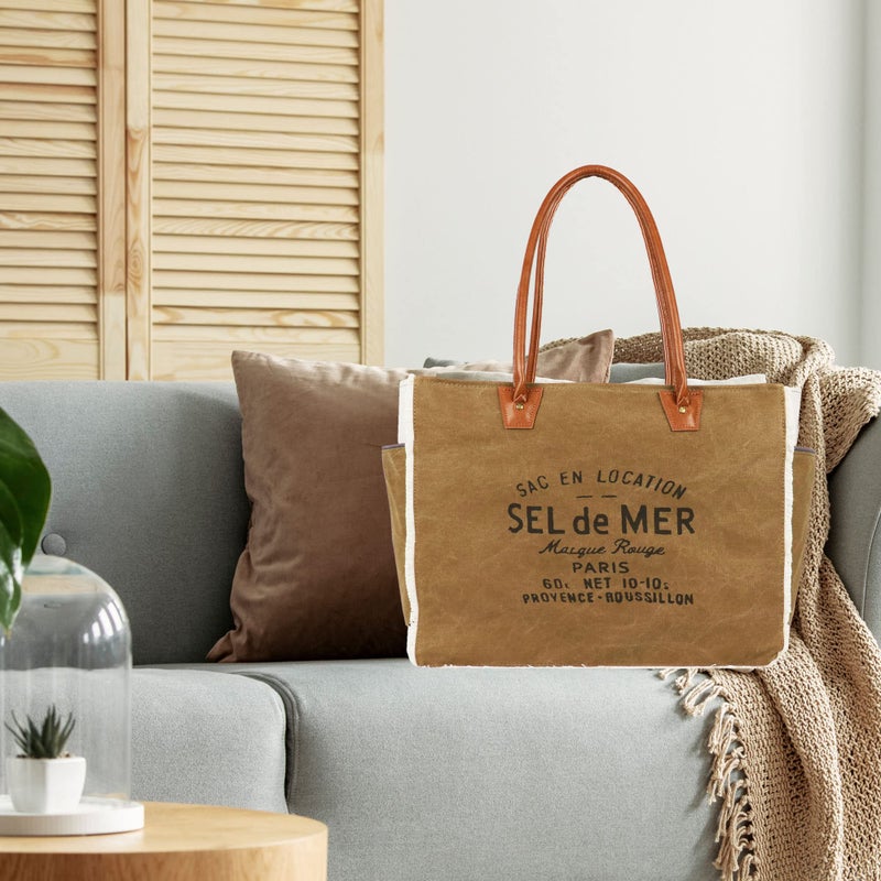 Lamyba Sel De Mer Canvas HandBag Upcycled Canvas Vegan Leather Tote Bag,Small Brown - Image 3