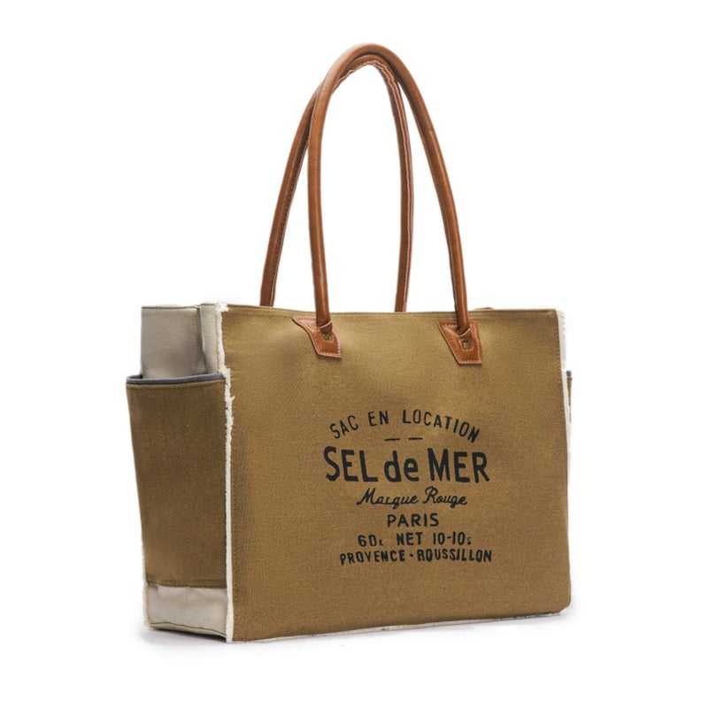 Lamyba Sel De Mer Canvas HandBag Upcycled Canvas Vegan Leather Tote Bag,Small Brown - Image 1