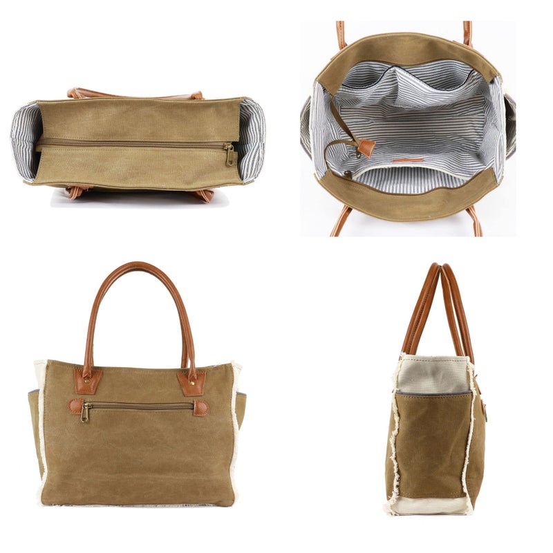 Lamyba Sel De Mer Canvas HandBag Upcycled Canvas Vegan Leather Tote Bag,Small Brown - Image 4