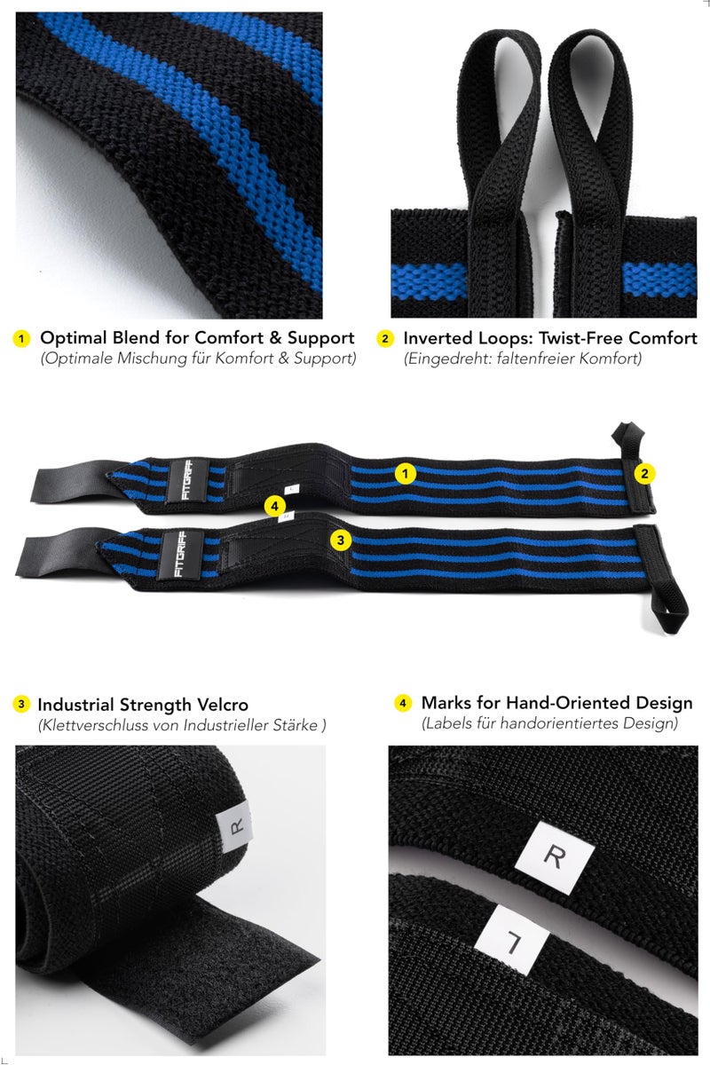 Fitgriff® Wrist Wraps for Weightlifting (18") Heavy-Duty Support for Gym, Bench Press, and Pushups (1 Pair) - for Men and Women (Black/Blue) - Image 3