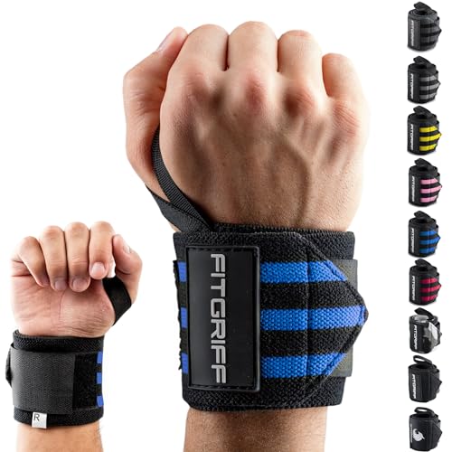 Fitgriff® Wrist Wraps for Weightlifting (18") Heavy-Duty Support for Gym, Bench Press, and Pushups (1 Pair) - for Men and Women (Black/Blue) - Image 1