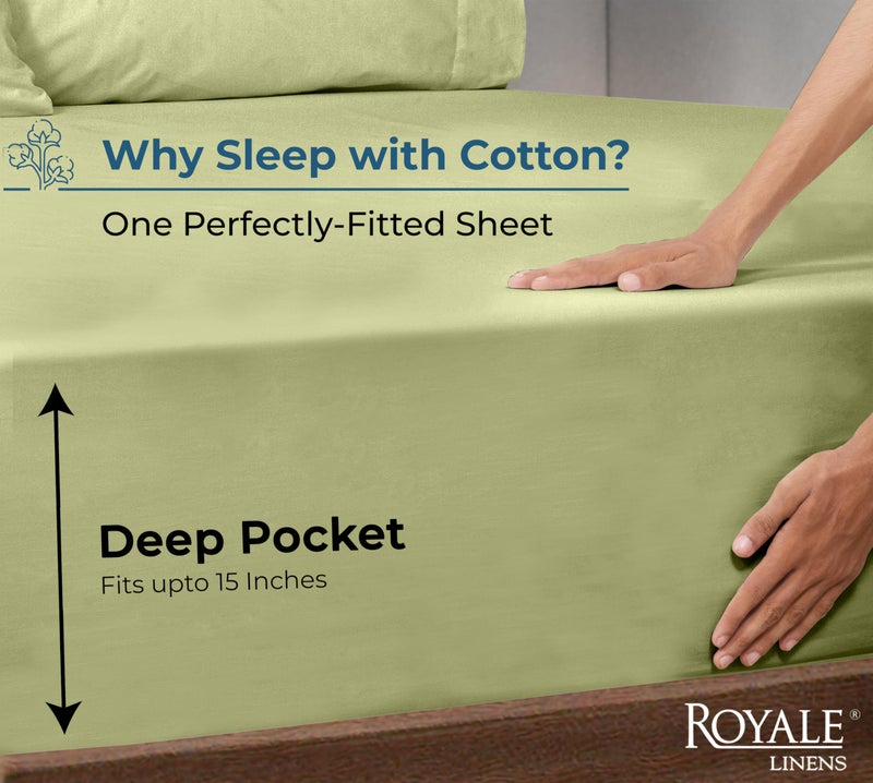Royale Linens 100% Organic Cotton Fitted Sheet - Percale Weave - Super Soft Deep Pocket Bottom Sheets - Sage Green Elastic Sheet Queen Size - Queen Fitted Sheets Only - (60"x80"+15", Sage Green) - Image 2