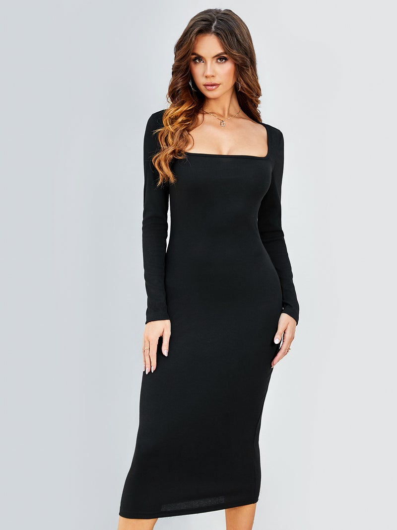 Cross-border Foreign Trade Winter New Hip Dress Elegant Square Collar Long Sleeve Pure Slim-fit Elegant Knitted dress Women Black