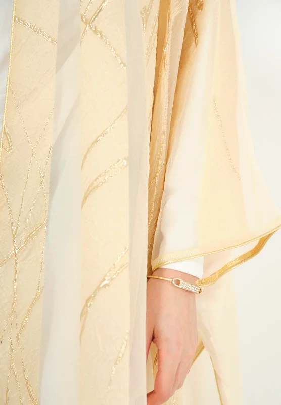 Thouq Beautiful Symmetrical Jaquard Jalabiya with V-Neckline With kimono Sleeves