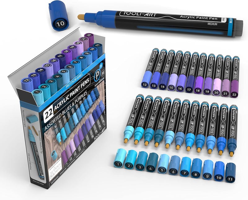 TOOLI-ART 22 Acrylic Paint Markers Pro Color Series Set 3mm Medium Tip for Rock, Glass, Mugs, Wood, Metal, Canvas, DIY. Non Toxic, Waterbased, Quick Drying (BLUES) - Image 1
