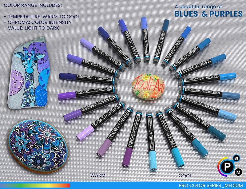 TOOLI-ART 22 Acrylic Paint Markers Pro Color Series Set 3mm Medium Tip for Rock, Glass, Mugs, Wood, Metal, Canvas, DIY. Non Toxic, Waterbased, Quick Drying (BLUES) - Image 4