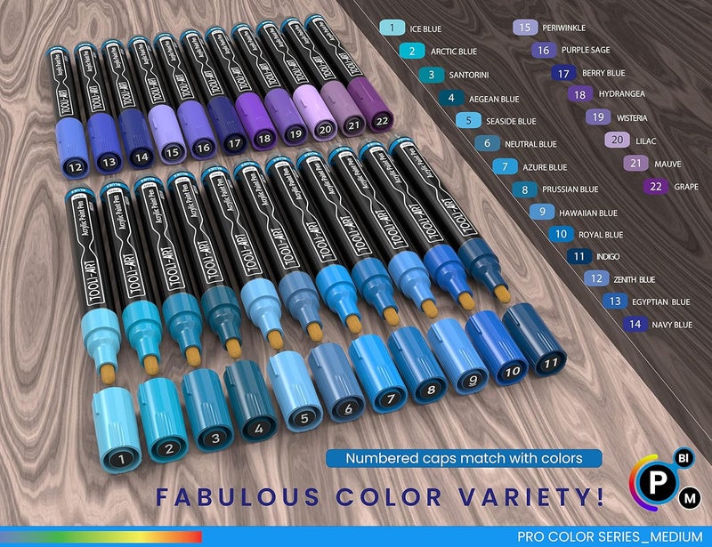TOOLI-ART 22 Acrylic Paint Markers Pro Color Series Set 3mm Medium Tip for Rock, Glass, Mugs, Wood, Metal, Canvas, DIY. Non Toxic, Waterbased, Quick Drying (BLUES) - Image 5