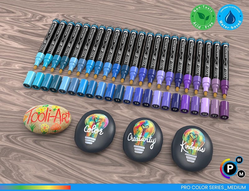 TOOLI-ART 22 Acrylic Paint Markers Pro Color Series Set 3mm Medium Tip for Rock, Glass, Mugs, Wood, Metal, Canvas, DIY. Non Toxic, Waterbased, Quick Drying (BLUES) - Image 2