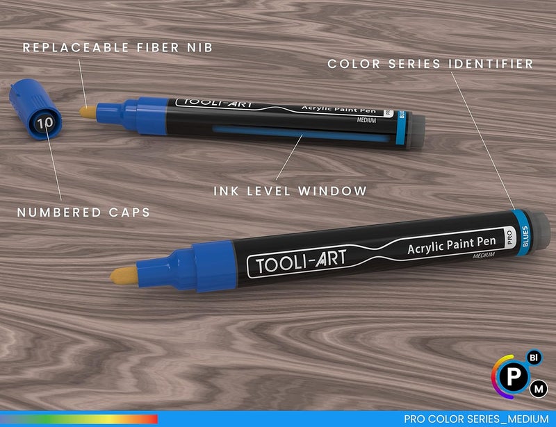 TOOLI-ART 22 Acrylic Paint Markers Pro Color Series Set 3mm Medium Tip for Rock, Glass, Mugs, Wood, Metal, Canvas, DIY. Non Toxic, Waterbased, Quick Drying (BLUES) - Image 3