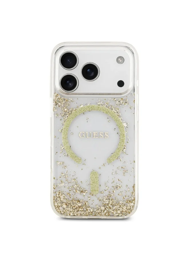 GUESS iPhone 17 Pro MagSafe Case Resin with Flowers & Glitter Pattern / Easy Snap On / Drop Protection / Slim Profile / Lightweight Back Cover -Gold