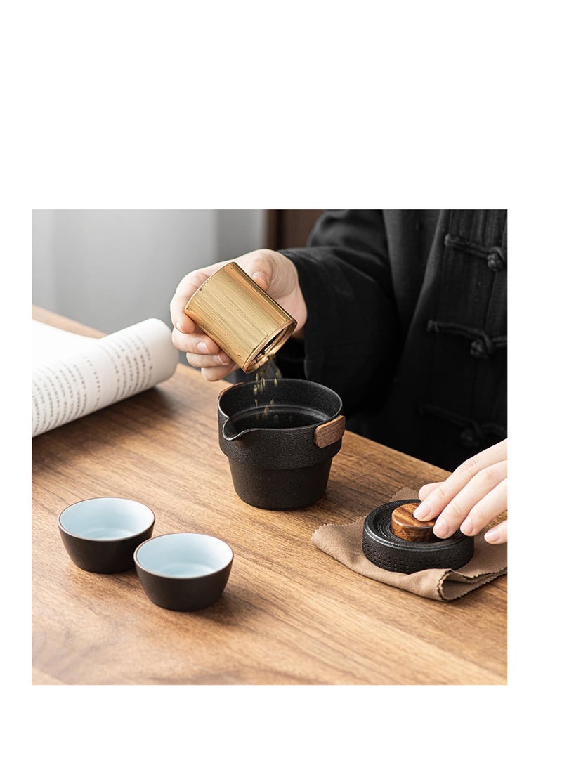 Excefore - Portable Teapot Set, Portable Kung Fu Tea Set, Mini Traveling Chinese Ceramic Teapot with 3 Cups All in One Travel Bag, Ideal for Travel, Camping, Picnic, Black - Image 1